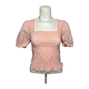 Q+A‎ Pink Eyelet Lace Smocked Top Cottagecore Square Neckline Sz Medium NEW